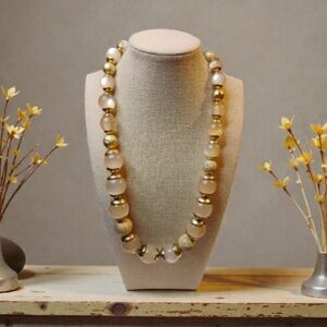 Coldwater Creek Elegant Chunky Bead  Gold and Reglective Cream Beaded Necklace